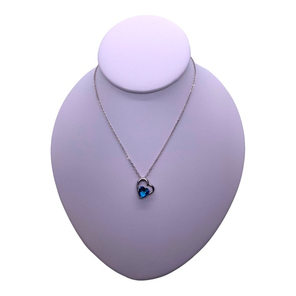 Imitation Silver Blue Topaz Rhinestone Gemstone Two Hearts In One Necklace - Picture 3 of 6